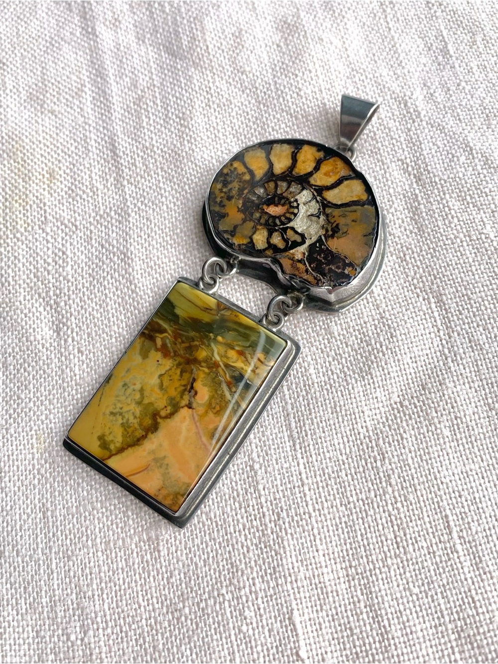 Vintage Mexico Sterling Silver Ammonite Jasper Pendant Brown Yellow Bezel Charm - Picture 1 of 7